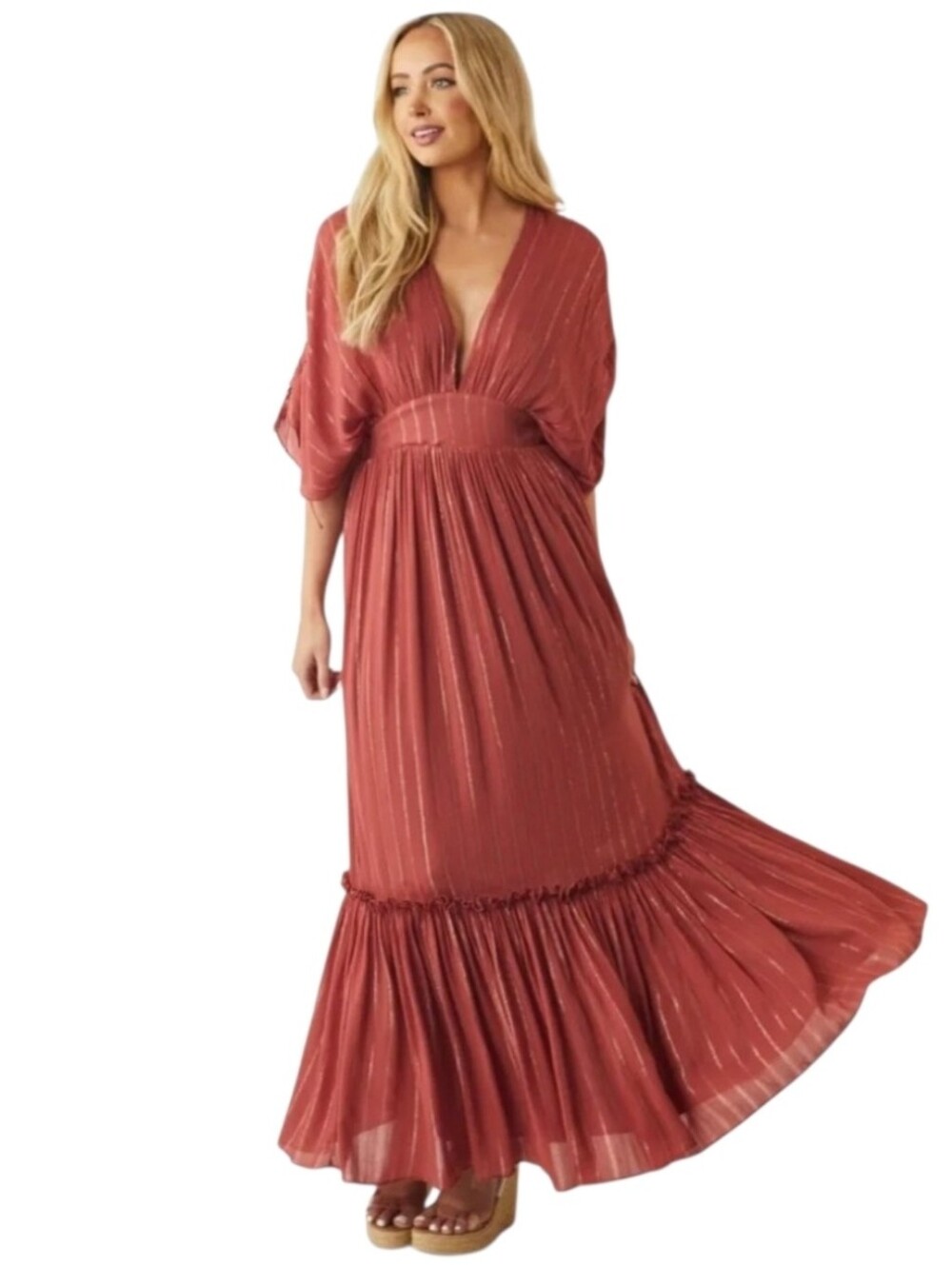 NWT. Hudson Gray Marsala & Gold Ruched Deep V-neck Tiered Maxi Dress. Size Large